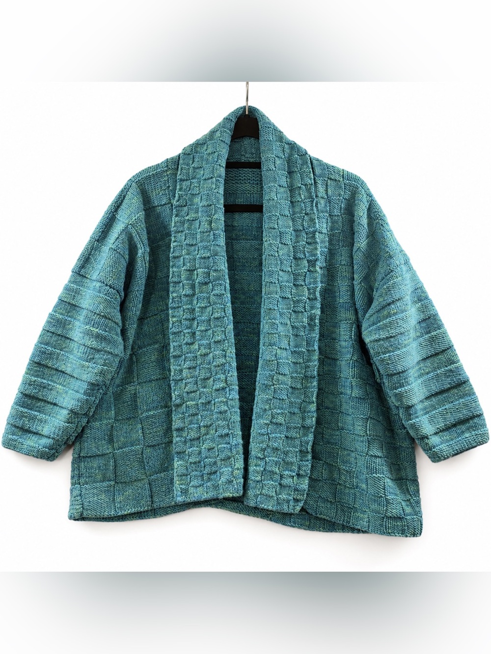 Unbranded Teal Basketweave Textured Heavy Knit Open Front Cardigan Jacket L